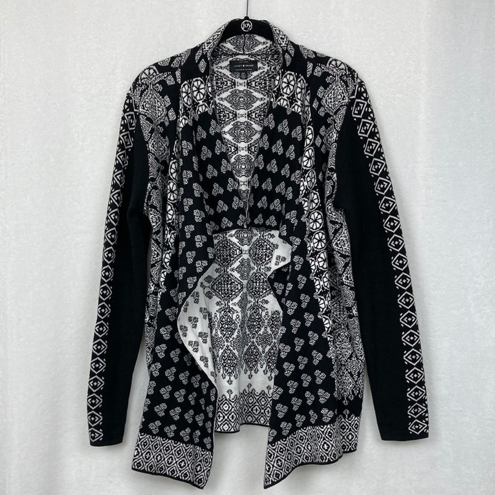 Lucky Brand Women’s Black & White Geo Print Open Waterfall Cardigan sz Small